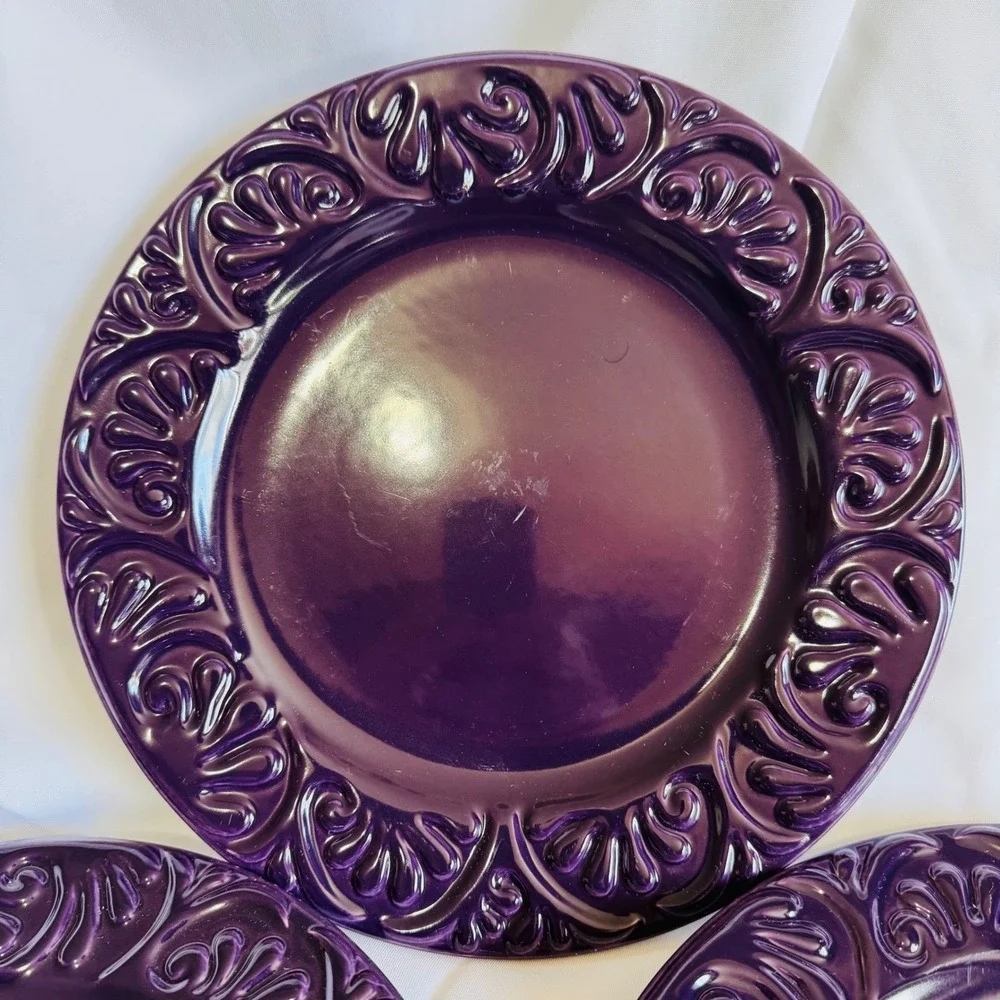 Vintage‎ Set of 3 Purple Charger Plates Ornate Scroll Design Dinner Plates 11.5